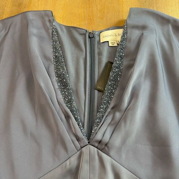 Sachin & Babi Gabby‎ Gown Size 6 Satin Crepe Beaded V-Neck A-Line Fornal Dress - Picture 9 of 16